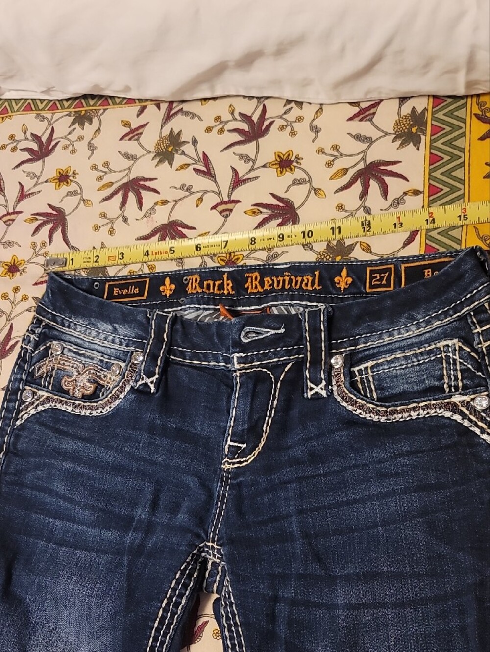 Rock Revival Sz 27 Dark Blue Flare Jeans with White Stitching - Picture 3 of 15